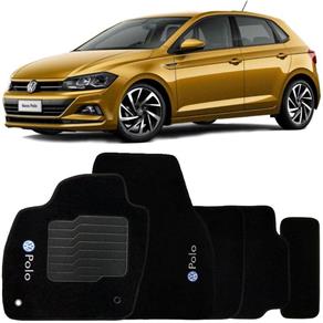 Jogo de Tapete Automotivo Carpete Volkswagen Polo 2018 à 2019 Soft Logo Bordado Preto 5 Peças