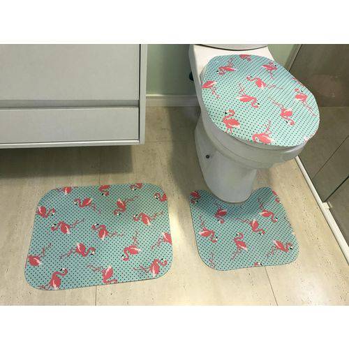 Jogo de Tapete para Banheiro 3 Peças Tecil Flamingo Azul