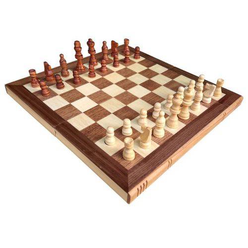 Jogo de Xadrez, Dama e Gamão Tabuleiro de Madeira com 35 Cm