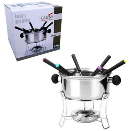 Jogo Kit Fondue de Inox com 6 Garfos Suporte Fogareiro 410m