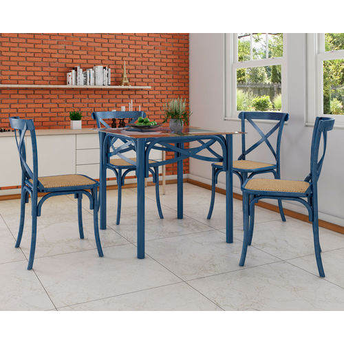 Jogo Mesa 4 Cadeiras Katrina 90 por 90cm Tampo Vidro Azul