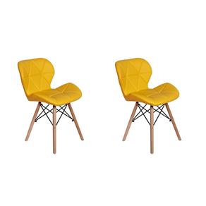 Kit 02 Cadeiras Charles Eames Eiffel Slim Wood Estofada - Amarelo