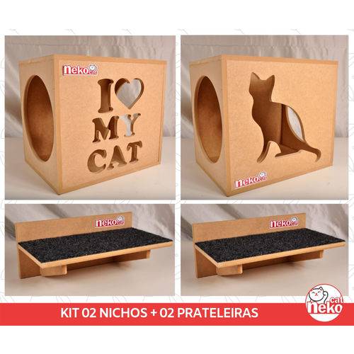 Kit 02 Nichos Gatos + 02 Prat Arranhador Mdf Cru - I Love My Cat + Sit Cat - Cj 4 Pc
