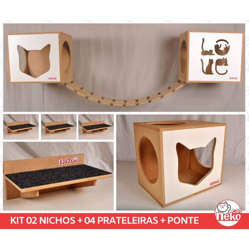 Kit 02 Nichos Gatos + 02 Prat Arranhador + Ponte - Mdf Cru - Frente Branca - Love + Face Cat - Cj 5 Pc