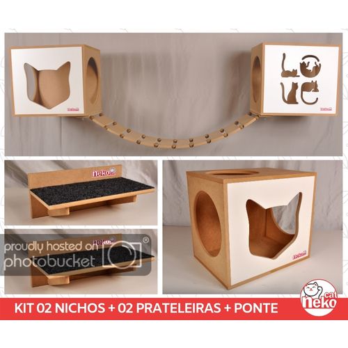 Kit 02 Nichos Gatos + 02 Prat Arranhador + Ponte - Mdf Cru - Frente Branca - Love + Face Cat - Cj 5 Pc