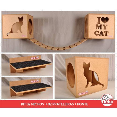 Kit 02 Nichos Gatos + 02 Prat Arranhador + Ponte - Mdf Cru - I Love My Cat + Sit Cat - Cj 5 Pc