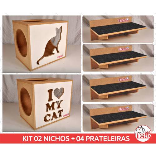 Kit 02 Nichos Gatos + 04 Prat Arranhador Mdf Cru - Frente Branca - I Love My Cat + Sit Cat - Cj 6 Pc