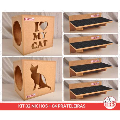 Kit 02 Nichos Gatos + 04 Prat Arranhador Mdf Cru - I Love My Cat + Sit Cat - Cj 6 Pc