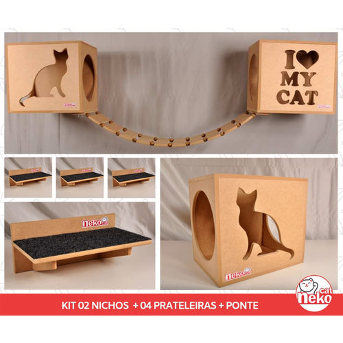 Kit 02 Nichos Gatos + 04 Prat Arranhador + Ponte - Mdf Cru - I Love My Cat + Sit Cat - Cj 7 Pc