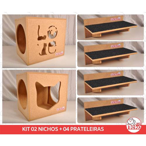 Kit 02 Nichos Gatos + 4 Prateleiras Arranhador Mdf Cru - NekoCat - Cj 06 Pçs