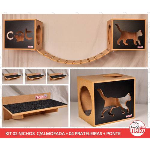 Kit 02 Nichos Gatos Almofada + Ponte + 04 Prat Fte Preta - Cat + Walk Cat - Cj 09 Pc