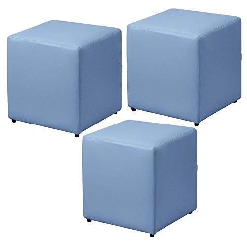 Kit 03 Puffs Quadrado Decorativo Corino Azul - Lyam Decor