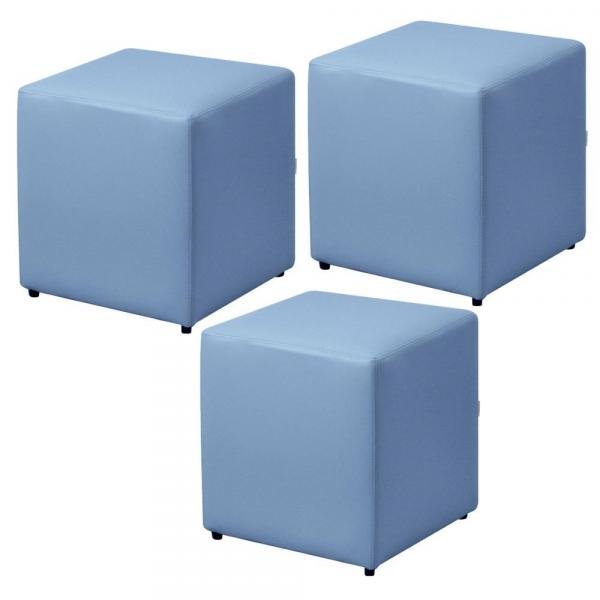 Kit 03 Puffs Quadrado Decorativo Corino Azul - Lymdecor