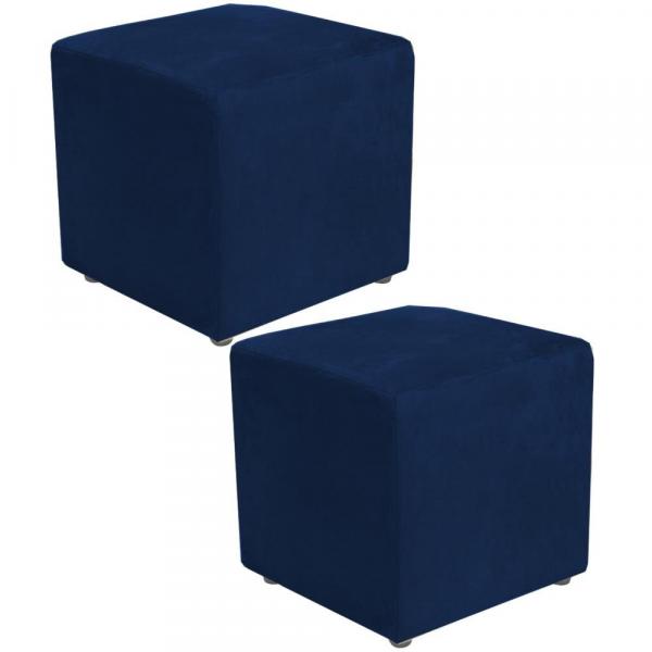 Kit 02 Puffs Quadrado Decorativo Suede Azul Marinho - Lyam Decor