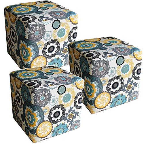 Kit 03 Puffs Quadrado Decorativo Tecido Floral Amarelo - Lyam Decor