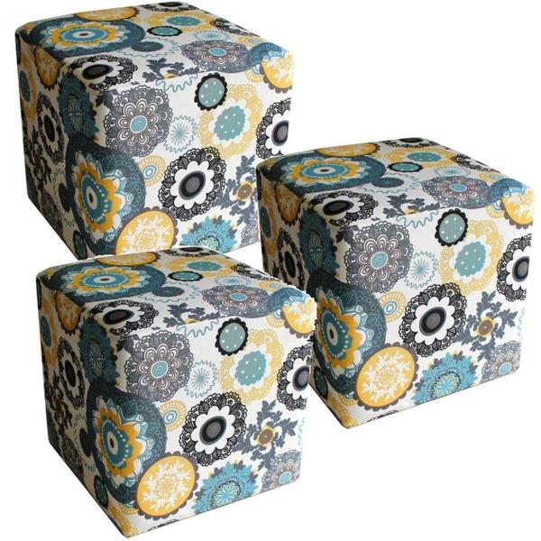 Kit 03 Puffs Quadrado Decorativo Tecido Floral Amarelo - Lymdecor