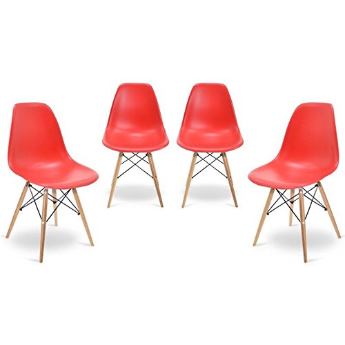 Kit 04 Cadeiras Eiffel Charles Eames em ABS Vermelho com Base de Madeira DSW