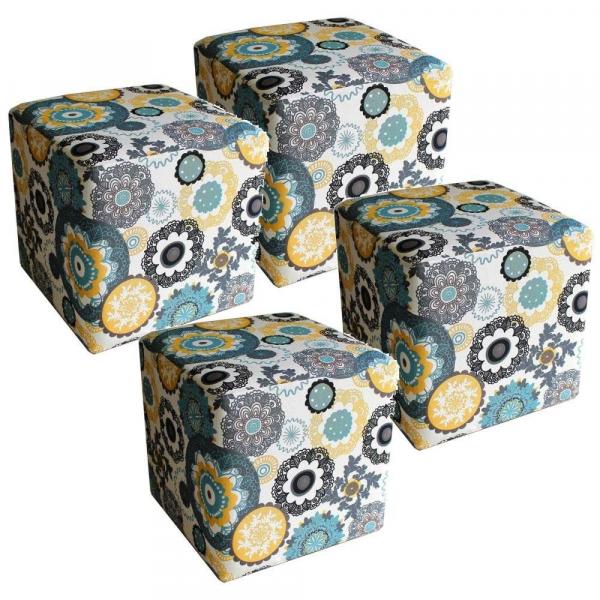 Kit 04 Puffs Quadrado Decorativo Tecido Floral Amarelo - Lyam Decor