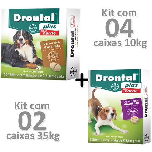 Kit 04cx Drontal Plus Carne Cães 10kg + 02cx Cães 35kg