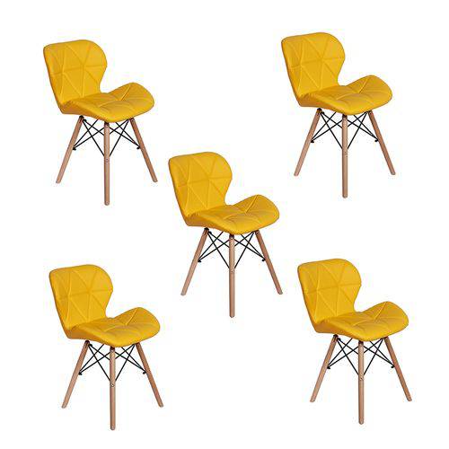 Kit 05 Cadeiras Charles Eames Eiffel Slim Wood Estofada - Amarela