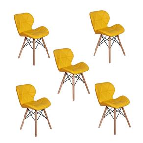Kit 05 Cadeiras Charles Eames Eiffel Slim Wood Estofada - Amarelo