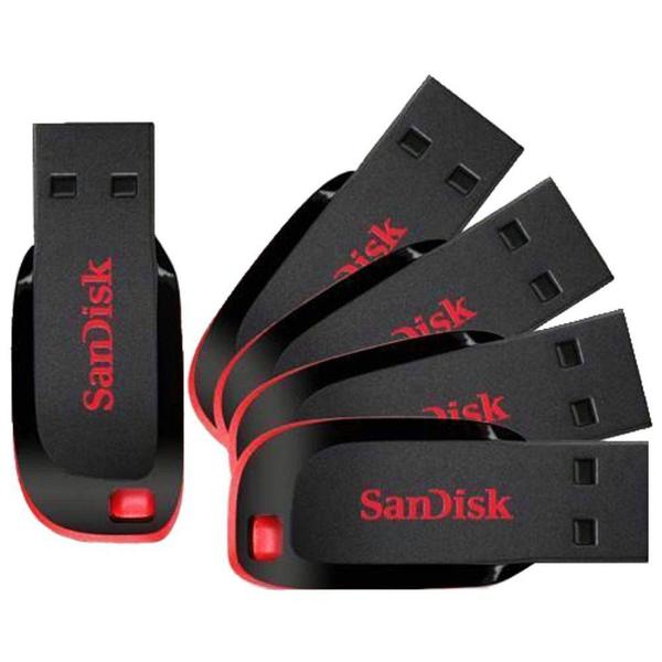 Kit 05 Pen Drive 16gb USB 2.0 Sandisk Cruzer Blade Sdcz50-016g-b35 Preto e Vermelho