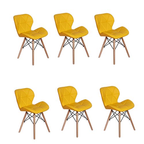Kit 06 Cadeiras Charles Eames Eiffel Slim Wood Estofada - Amarela