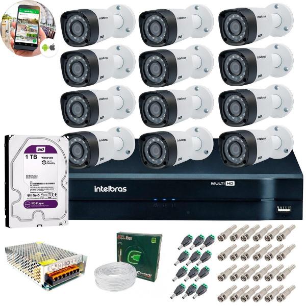 Kit 12 Câmeras de Segurança HD 720p Intelbras VHD 3120B G4 + DVR Intelbras Multi HD + HD 1TB + Acessórios