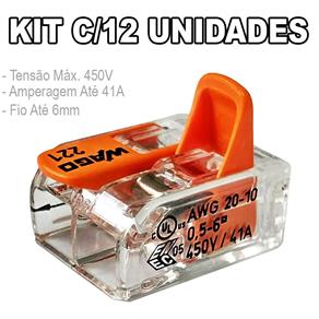 Kit 12 Conector Wago Emenda 2 Fios Mod. 221-612