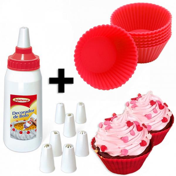 Kit 12 Forminhas de Silicone Vermelhas Cupcake + Decorador com 8 Bicos Injetemp