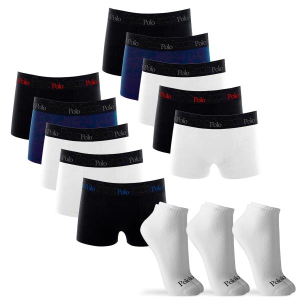 Kit 10 Cuecas Boxer de Cotton 4.0 com 3 Pares de Meia Cano Curto Branca M - POLO Match
