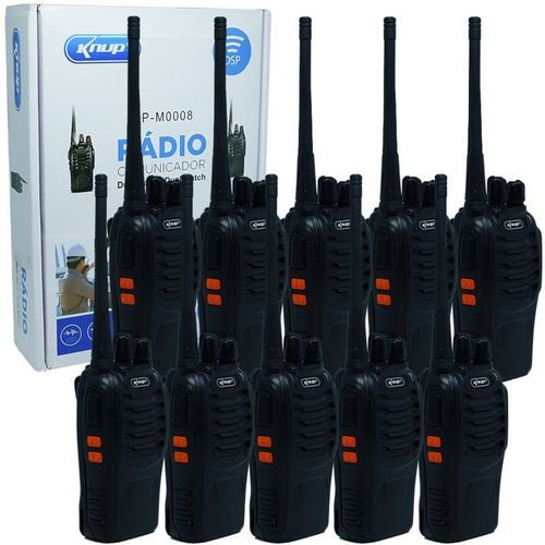Kit 10 Rádios Comunicador HT Walk Talk UHF 16 Canais Profissional Knup KP-M0008 Preto Bivolt