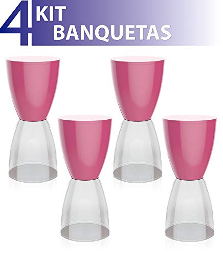 Kit 4 Banquetas Bery Assento Color Base Cristal Rosa