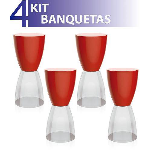 Kit 4 Banquetas Bery Assento Color Base Cristal Vermelho