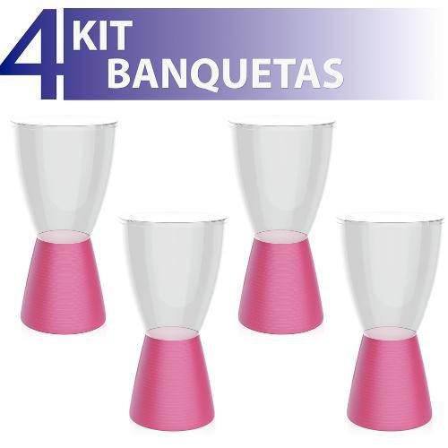 Kit 4 Banquetas Carbo Assento Cristal Base Color Rosa