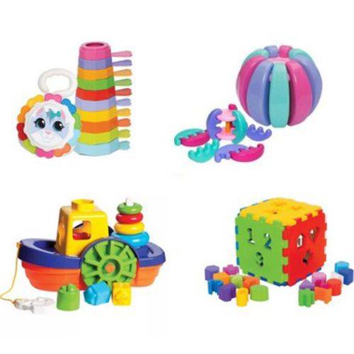 Kit 4 Brinquedos Educativos Didáticos P/ Bebes + 8, 9 e 12 Meses - Mercotoys