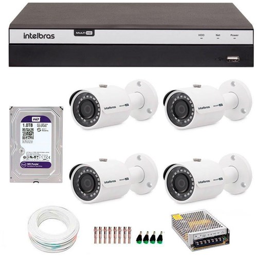 Kit 4 Câmeras de Segurança 4Mp 2K Intelbras Vhd 3430 B + Dvr Intelbras 4K + Hd Wd Purple + Acessórios