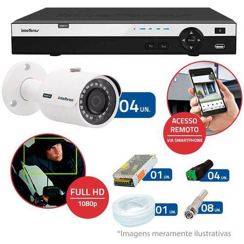 Kit 4 Câmeras de Segurança Full HD 1080p Intelbras VHD 3230 + DVR Intelbras Full HD 4 Ch + Acessório