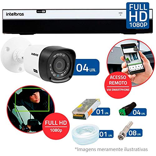 Kit 4 Câmeras de Segurança Full HD 1080p Intelbras VHD 1220B IR + DVR Intelbras Full HD 8 Ch + Acessórios