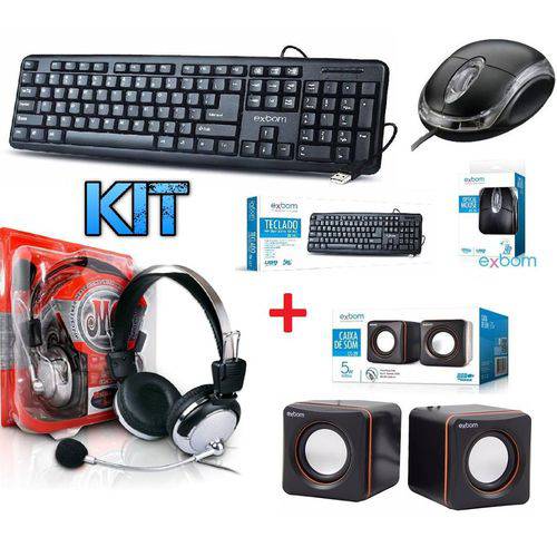 Tudo sobre 'Kit 4 em 1 Teclado + Mouse Óptico + Caixa de Som + Fone Ouvido Headset com Microfone Pc Desktop'