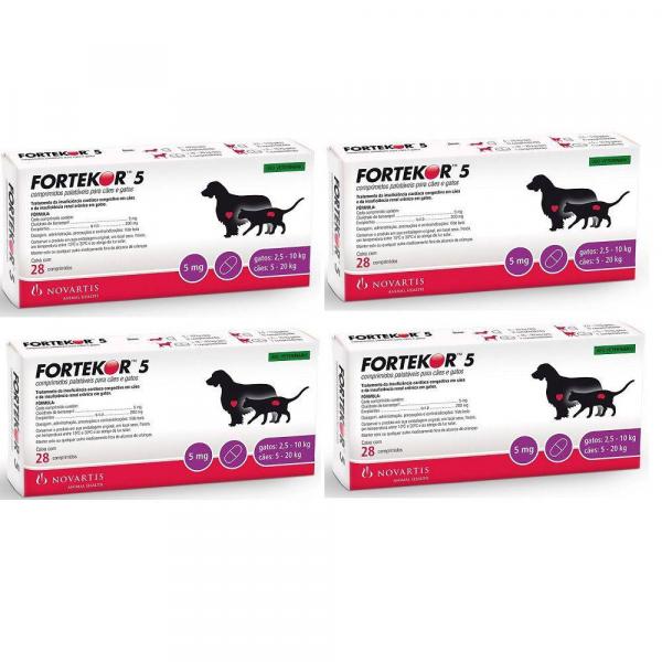 Kit 4 Fortekor 5mg para Cães 5 a 25 Kg e Gatos 2,5 a 10 Kg com 28 Comprimido Novartis - Elanco