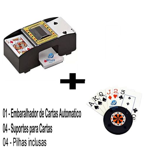 Kit 4 Suportes de Cartas + Embaralhador Automático Baralho + 04 Pilhas Inclusas