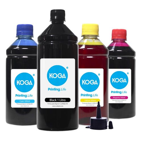 Kit 4 Tintas para Epson Ecotank L200|L355 Black 1 Litro Color 500Ml Corante Koga