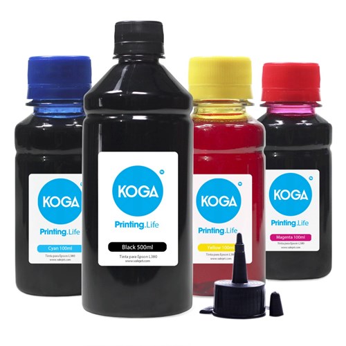 Kit 4 Tintas para Epson L380 Black 500Ml Color 100Ml Corante Koga