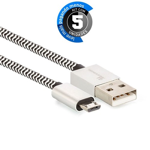 Kit 5 Cabo Micro USB para USB Revestido com Tecido - Preto - 2,5m