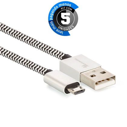 Kit 5 Cabo Micro USB para USB Revestido com Tecido - Preto - 2,5m