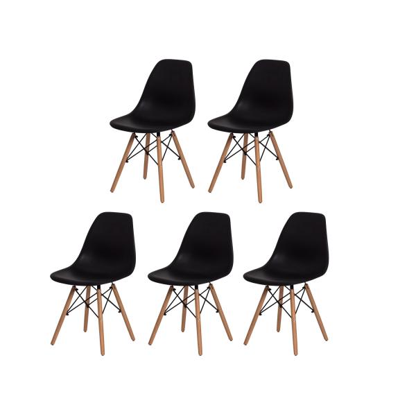 Kit 5 Cadeiras Eiffel Eames DSW Preta Base Madeira - Waw Design