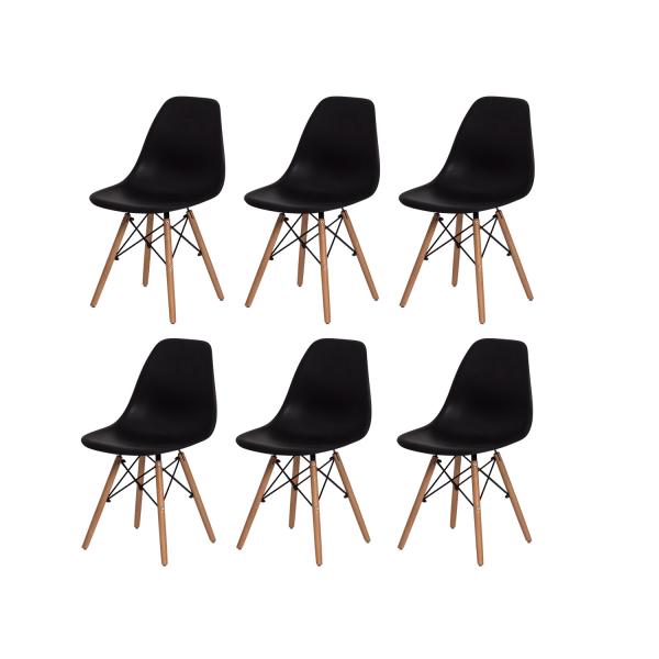 Kit 6 Cadeiras Eiffel Eames DSW Preta Base Madeira - Waw Design
