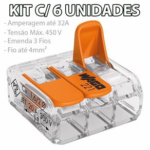 Kit 6 Conector Emenda 3 Fios Mod. 221-413