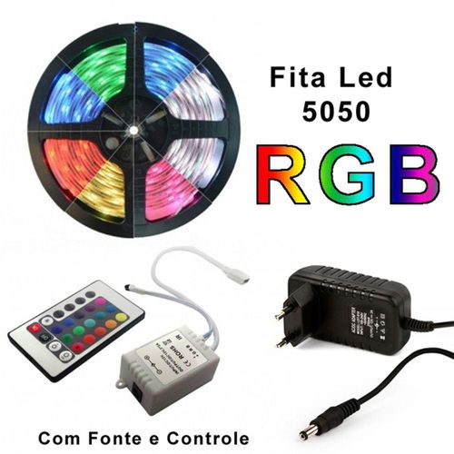 Kit 6 Fita Led Rgb 5050 Bivolt Multicores com Fonte e Controle Completa